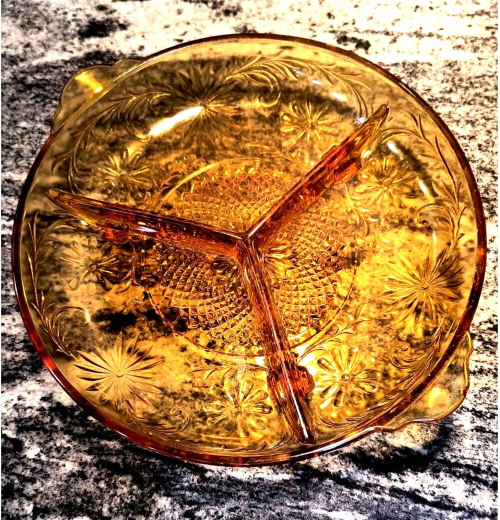 613. Vintage Amber Glass Tiara Divided Relish Dish